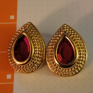 Bold red glass goldtone fashion pierced earrings